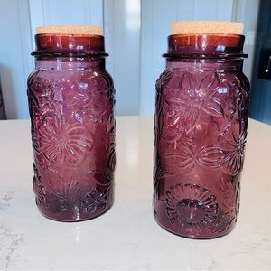 amethyst purple glass jars canister floral pattern cork lid set of two tall 10”